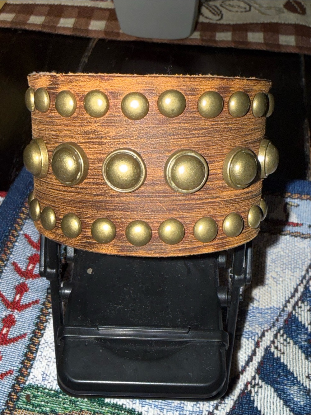 Brown Leather-Style Decorative Wristband with Brass Studs